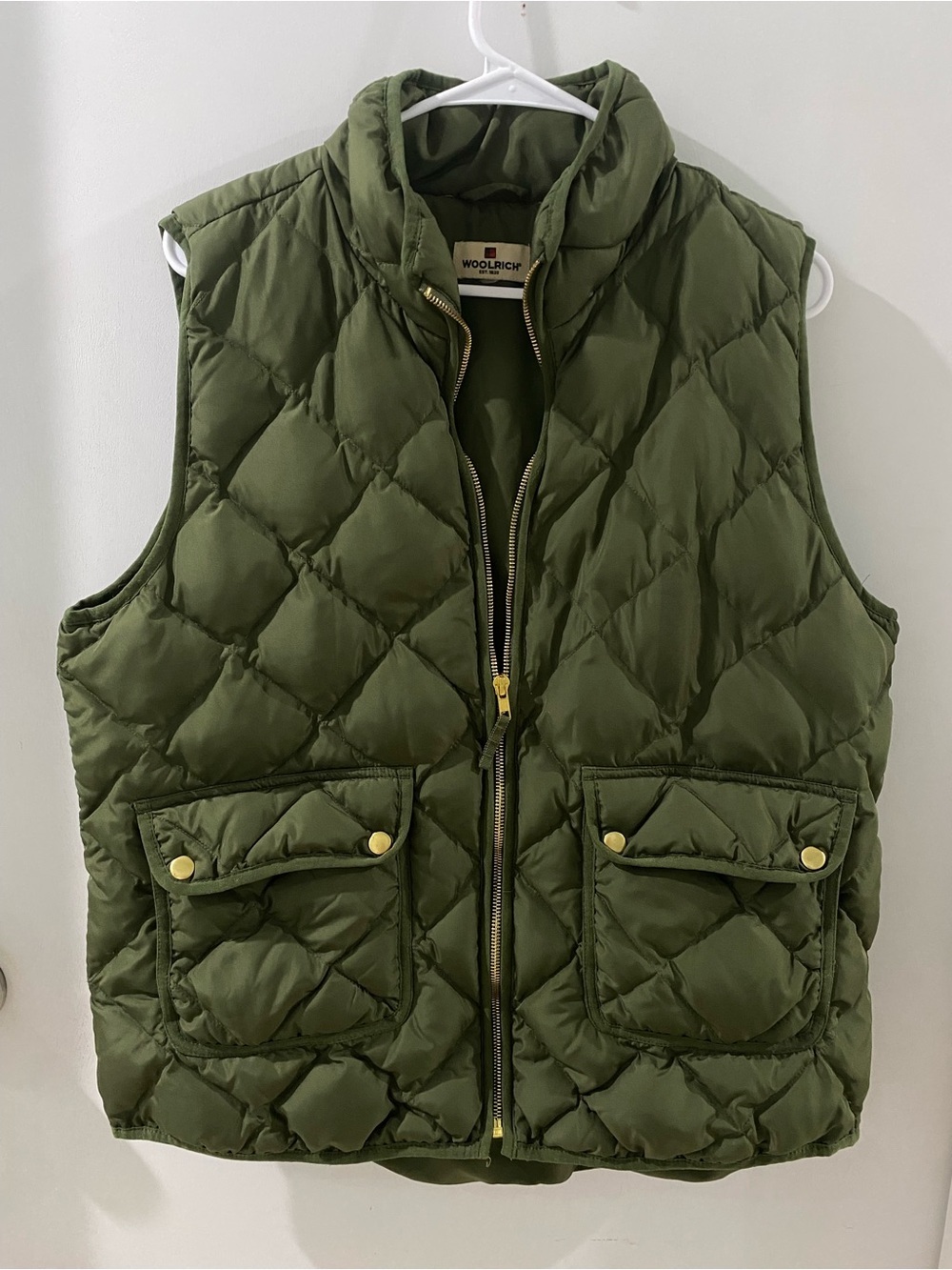 Woolrich Olive Green Quilted Down Vest with Gold Zipper, size XL